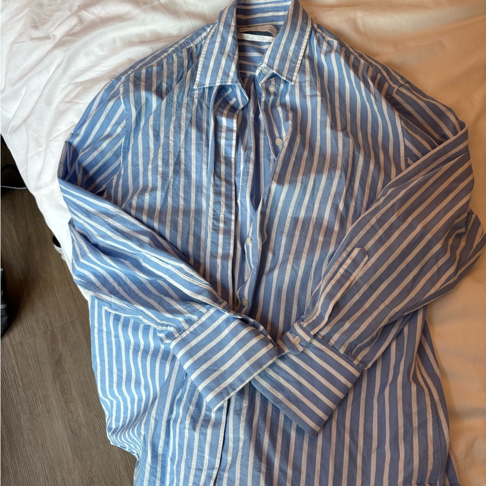 Mango Light Blue and White Striped Women's Shirt